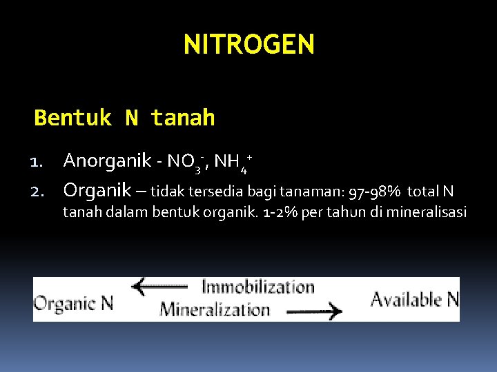 NITROGEN Bentuk N tanah 1. Anorganik - NO 3 -, NH 4+ 2. Organik