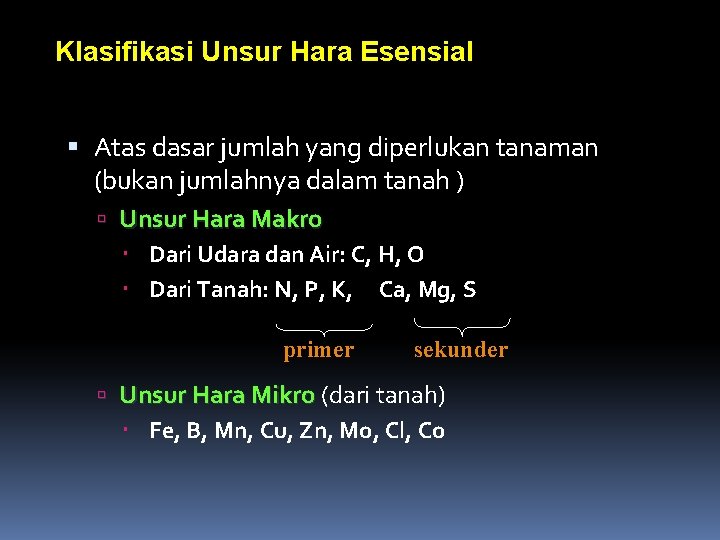 Klasifikasi Unsur Hara Esensial Atas dasar jumlah yang diperlukan tanaman (bukan jumlahnya dalam tanah