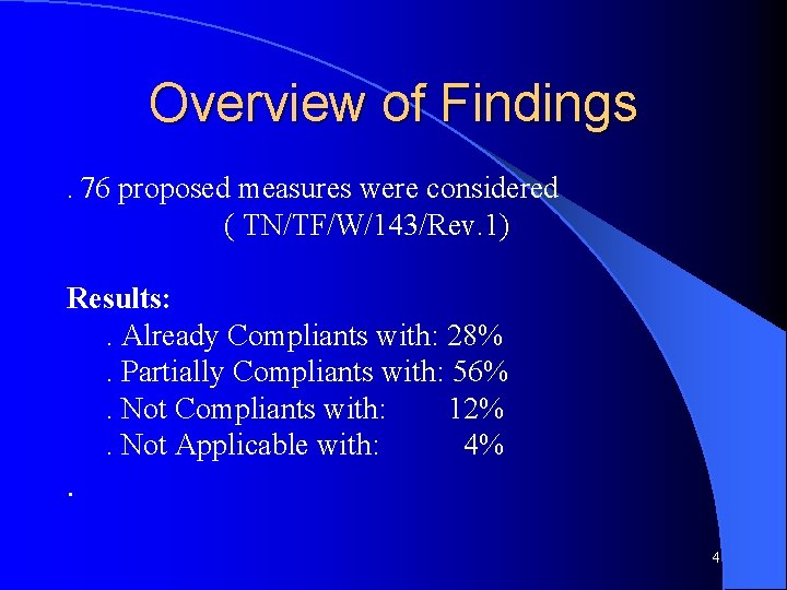 Overview of Findings. 76 proposed measures were considered ( TN/TF/W/143/Rev. 1) Results: . Already