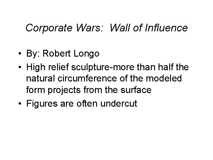 Corporate Wars: Wall of Influence • By: Robert Longo • High relief sculpture-more than