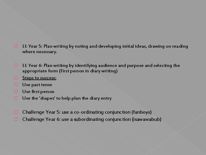 � LI: Year 5: Plan writing by noting and developing initial ideas, drawing on