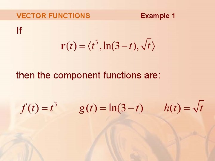 VECTOR FUNCTIONS Example 1 If then the component functions are: 