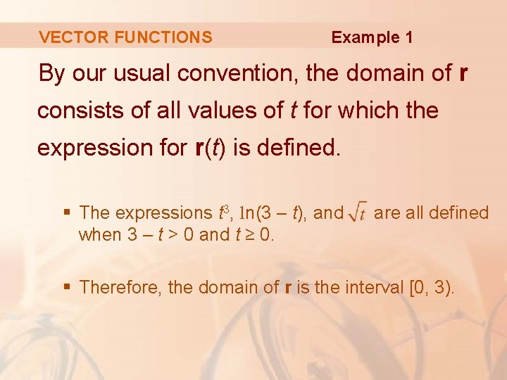 VECTOR FUNCTIONS Example 1 By our usual convention, the domain of r consists of