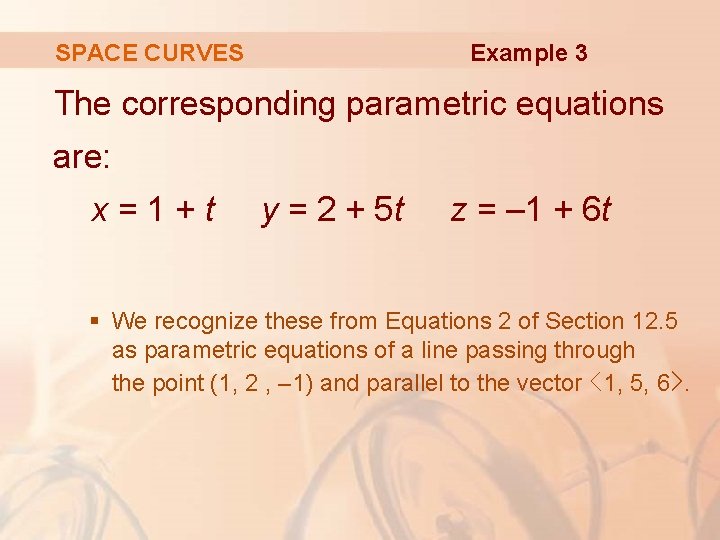 Example 3 SPACE CURVES The corresponding parametric equations are: x=1+t y = 2 +