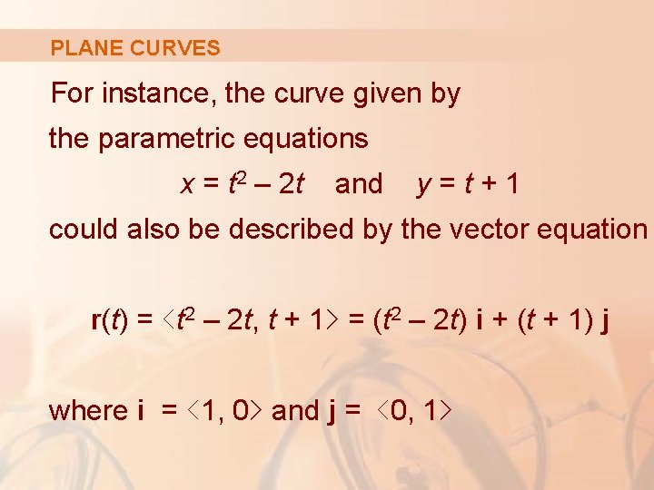 PLANE CURVES For instance, the curve given by the parametric equations x = t