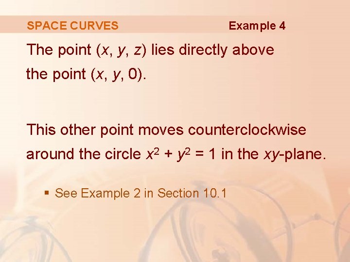 SPACE CURVES Example 4 The point (x, y, z) lies directly above the point