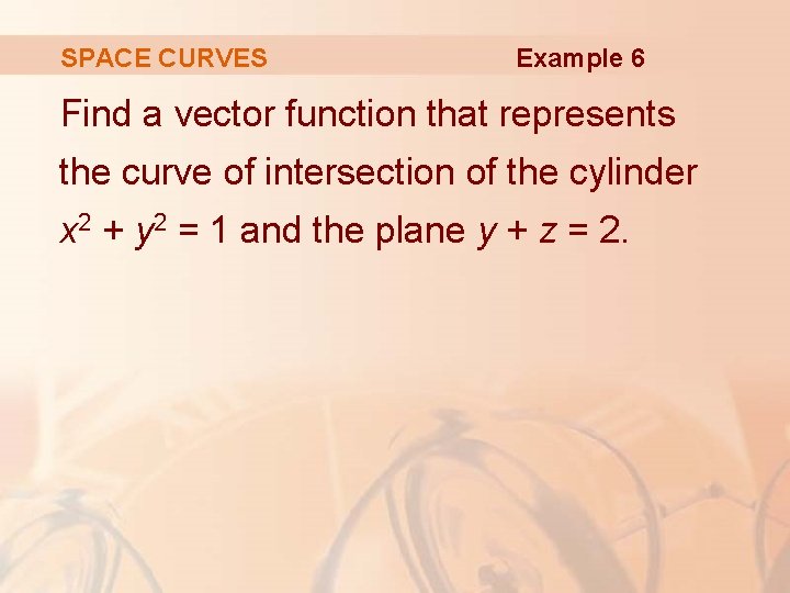 SPACE CURVES Example 6 Find a vector function that represents the curve of intersection