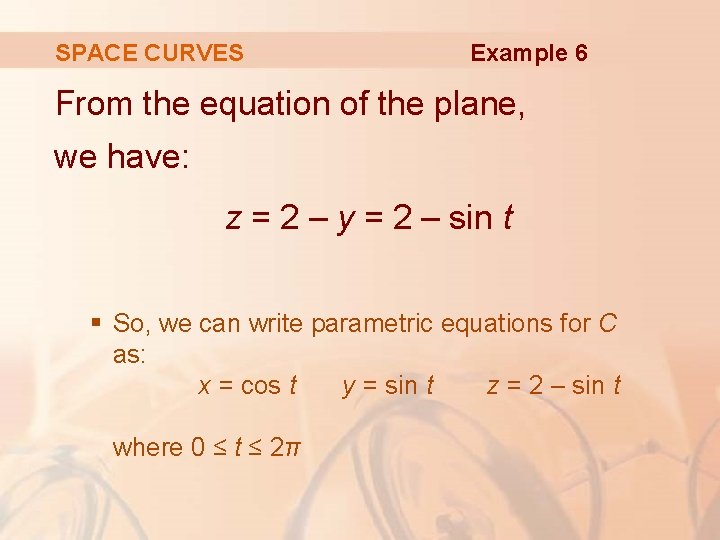 SPACE CURVES Example 6 From the equation of the plane, we have: z =