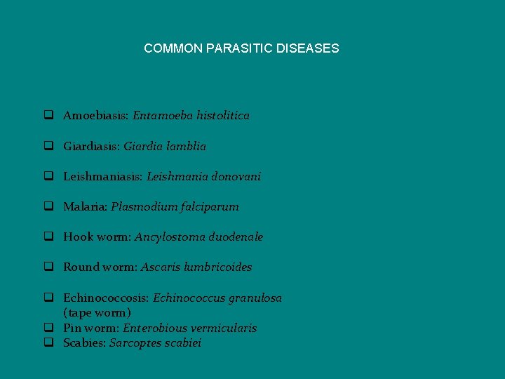 COMMON PARASITIC DISEASES q Amoebiasis: Entamoeba histolitica q Giardiasis: Giardia lamblia q Leishmaniasis: Leishmania