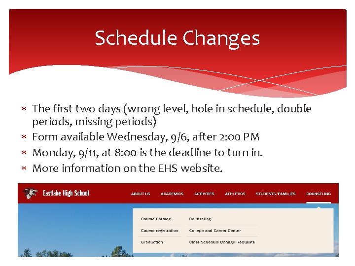 Schedule Changes The first two days (wrong level, hole in schedule, double periods, missing Schedule Changes The first two days (wrong level, hole in schedule, double periods, missing