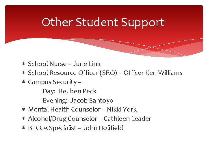 Other Student Support School Nurse – June Link School Resource Officer (SRO) – Officer Other Student Support School Nurse – June Link School Resource Officer (SRO) – Officer
