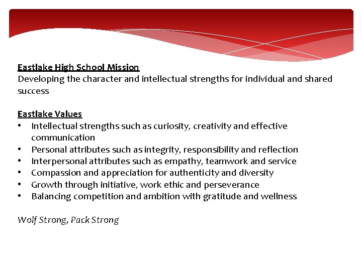Eastlake High School Mission Developing the character and intellectual strengths for individual and shared Eastlake High School Mission Developing the character and intellectual strengths for individual and shared