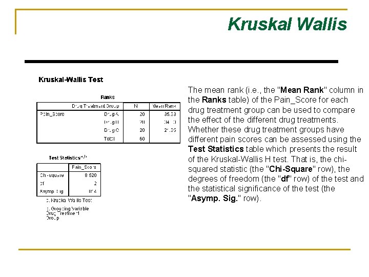 Kruskal Wallis The mean rank (i. e. , the "Mean Rank" column in the Kruskal Wallis The mean rank (i. e. , the "Mean Rank" column in the