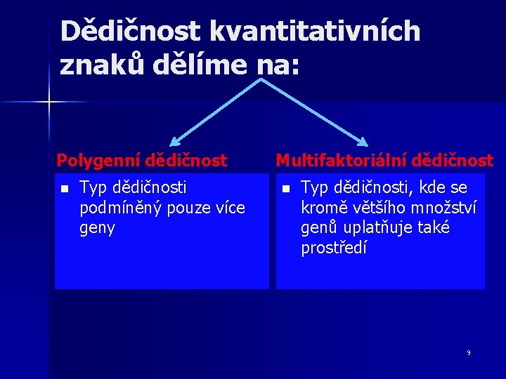 Dědičnost kvantitativních znaků dělíme na: Polygenní dědičnost n Typ dědičnosti podmíněný pouze více geny