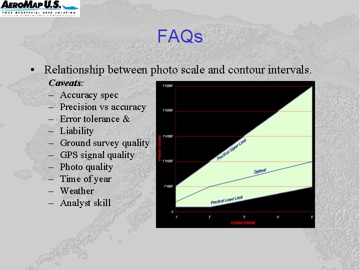 FAQs • Relationship between photo scale and contour intervals. Caveats: – Accuracy spec – FAQs • Relationship between photo scale and contour intervals. Caveats: – Accuracy spec –