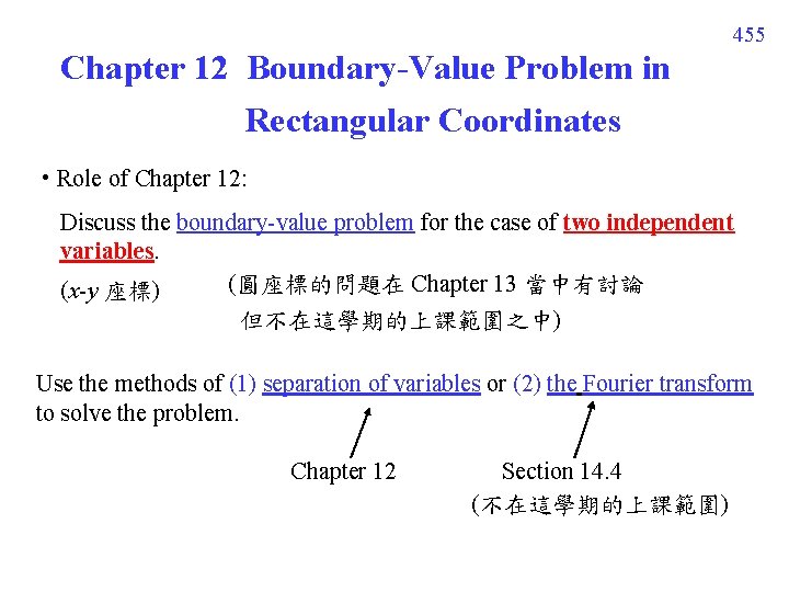 455 Chapter 12 Boundary-Value Problem in Rectangular Coordinates • Role of Chapter 12: Discuss