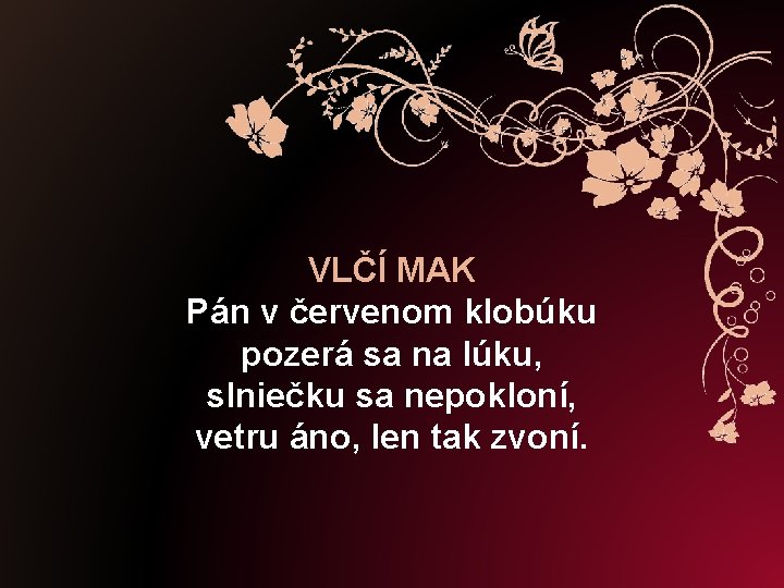 VLČÍ MAK Pán v červenom klobúku pozerá sa na lúku, slniečku sa nepokloní, vetru