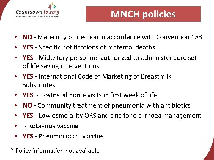 MNCH policies • NO - Maternity protection in accordance with Convention 183 • YES