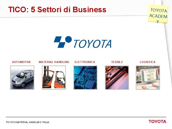 TICO: 5 Settori di Business AUTOMOTIVE MATERIAL HANDLING TOYOTA MATERIAL HANDLING ITALIA 3 ELETTRONICA