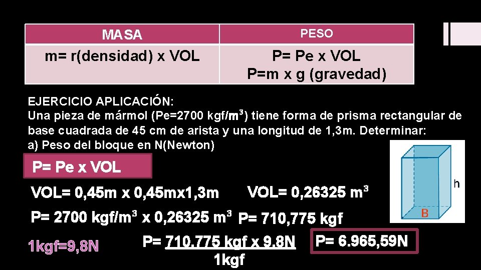 MASA PESO m= r(densidad) x VOL P= Pe x VOL P=m x g (gravedad)