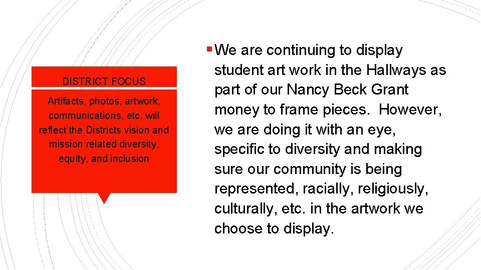 § We are continuing to display DISTRICT FOCUS Artifacts, photos, artwork, communications, etc. will