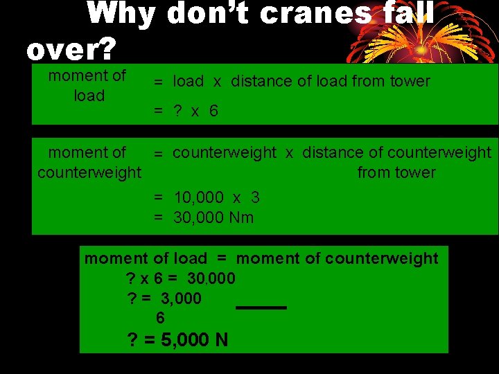 Why don’t cranes fall over? moment of load = load x distance of load
