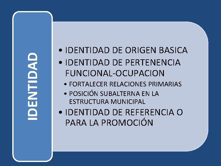 IDENTIDAD • IDENTIDAD DE ORIGEN BASICA • IDENTIDAD DE PERTENENCIA FUNCIONAL-OCUPACION • FORTALECER RELACIONES