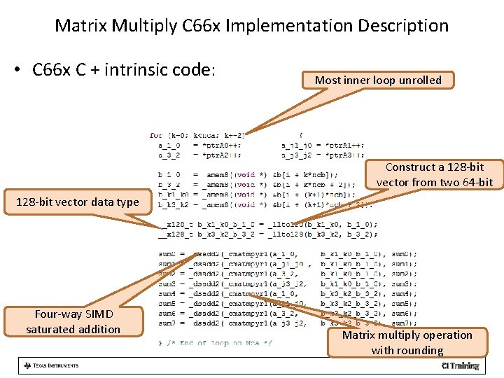 Matrix Multiply C 66 x Implementation Description • C 66 x C + intrinsic