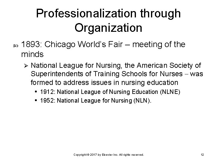Professionalization through Organization 1893: Chicago World’s Fair – meeting of the minds Ø National