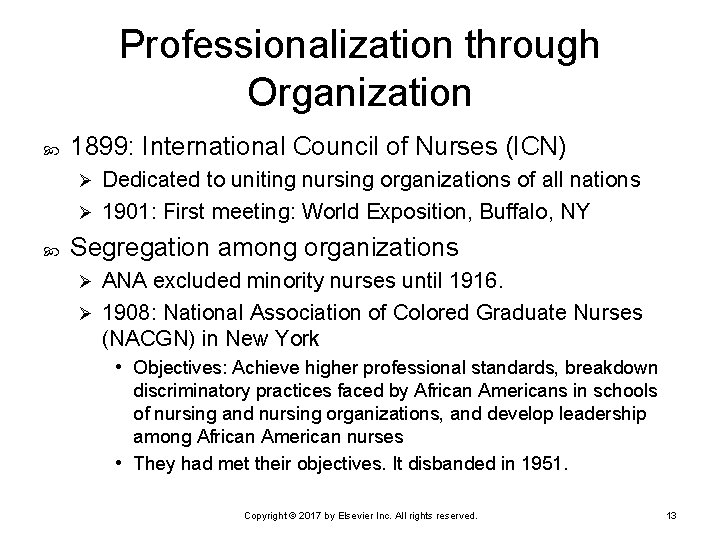 Professionalization through Organization 1899: International Council of Nurses (ICN) Dedicated to uniting nursing organizations