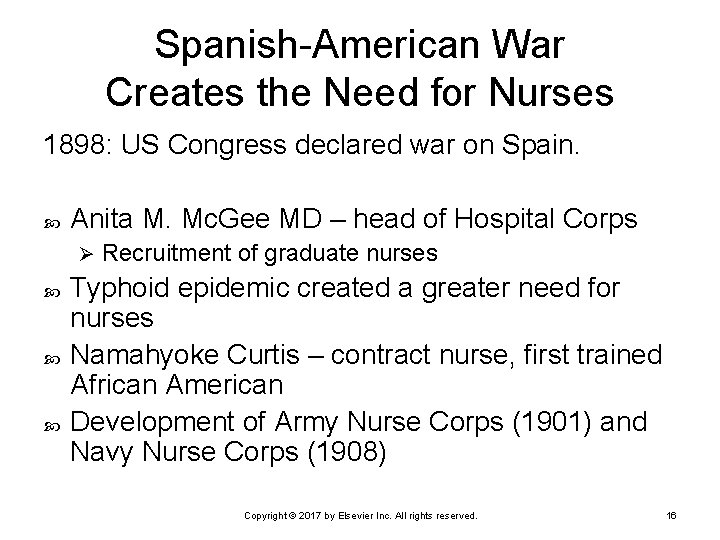 Spanish-American War Creates the Need for Nurses 1898: US Congress declared war on Spain.