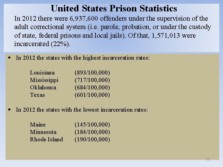United States Prison Statistics In 2012 there were 6, 937, 600 offenders under the