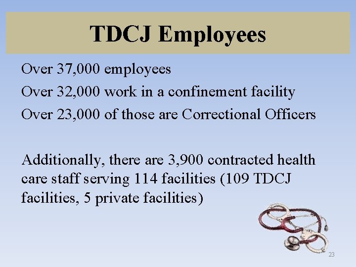 TDCJ Employees Over 37, 000 employees Over 32, 000 work in a confinement facility