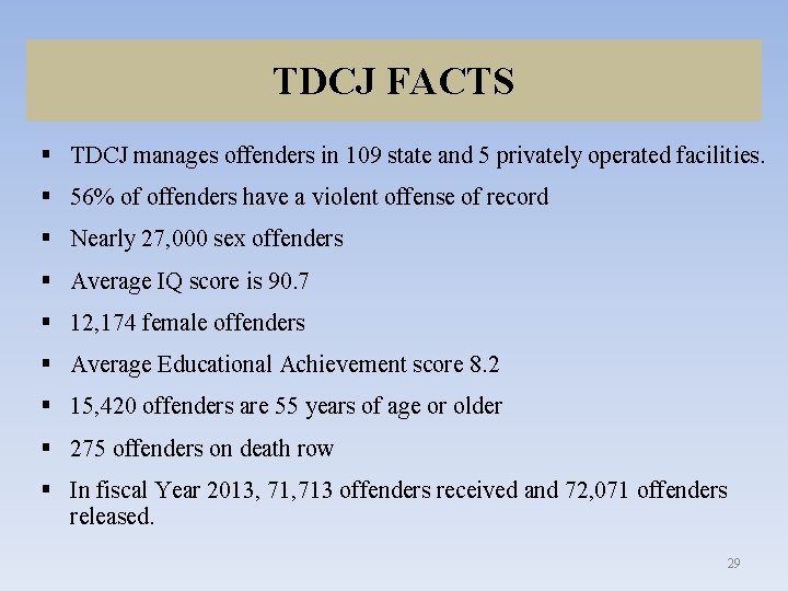 TDCJ FACTS § TDCJ manages offenders in 109 state and 5 privately operated facilities.