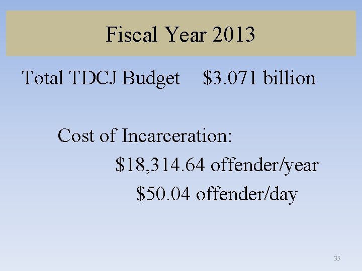 Fiscal Year 2013 Total TDCJ Budget $3. 071 billion Cost of Incarceration: $18, 314.