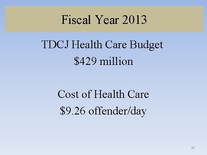 Fiscal Year 2013 TDCJ Health Care Budget $429 million Cost of Health Care $9.