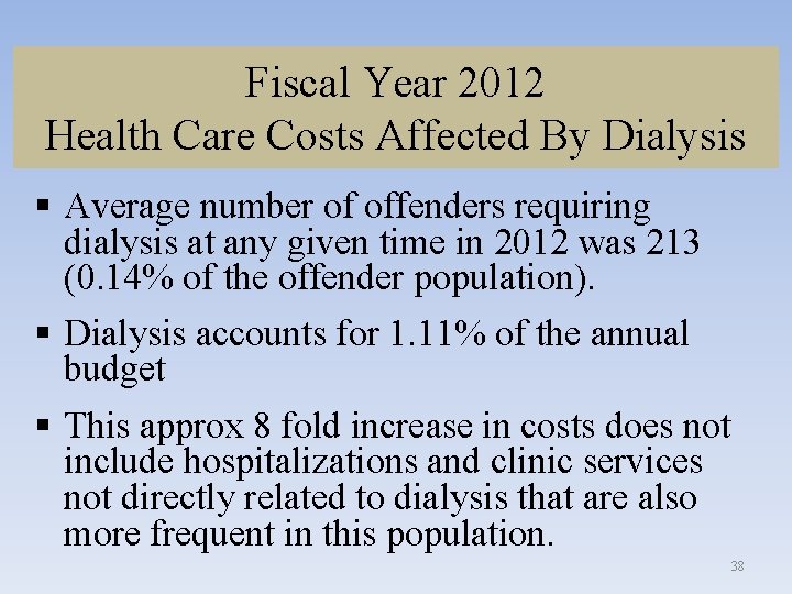Fiscal Year 2012 Health Care Costs Affected By Dialysis § Average number of offenders