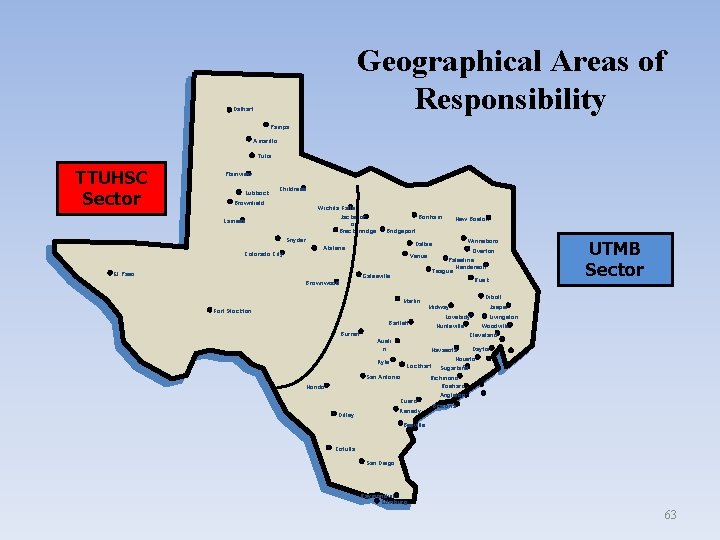 Geographical Areas of Responsibility Dalhart Pampa Amarillo Tulia TTUHSC Sector Plainview Lubbock Childress Brownfield