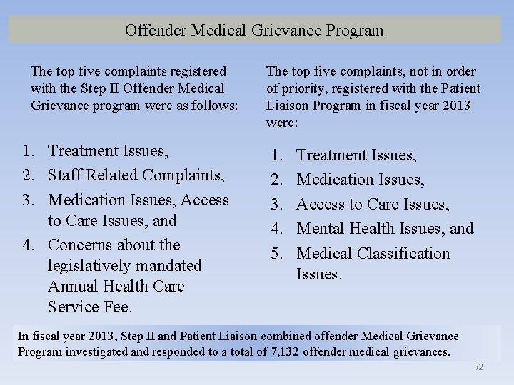 Offender Medical Grievance Program The top five complaints registered with the Step II Offender