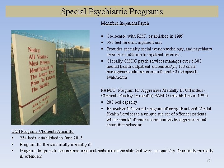 Special Psychiatric Programs Montford In-patient Psych § Co-located with RMF, established in 1995 §