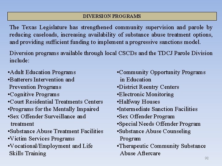 DIVERSION PROGRAMS The Texas Legislature has strengthened community supervision and parole by reducing caseloads,