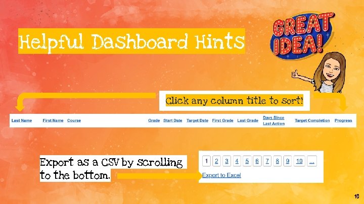 Helpful Dashboard Hints Click any column title to sort! Export as a CSV by