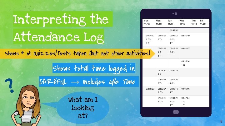 Interpreting the Attendance Log Shows # of Quizzes/Tests taken (but not other activities) Shows