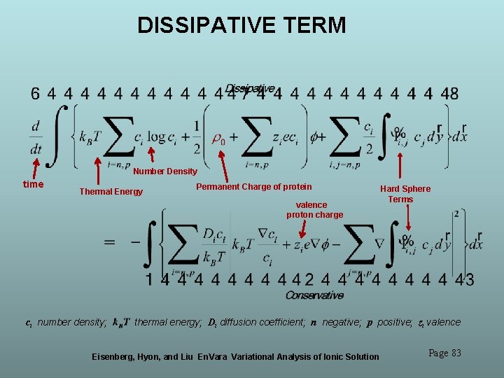 DISSIPATIVE TERM Number Density time Thermal Energy Permanent Charge of protein valence proton charge