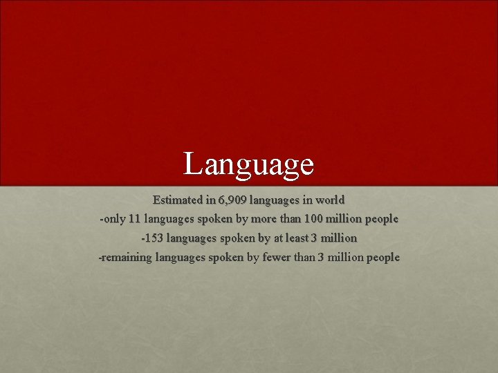 Language Estimated in 6, 909 languages in world -only 11 languages spoken by more