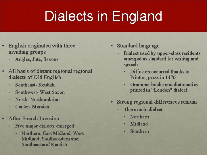 Dialects in England • English originated with three invading groups • Angles, Jute, Saxons