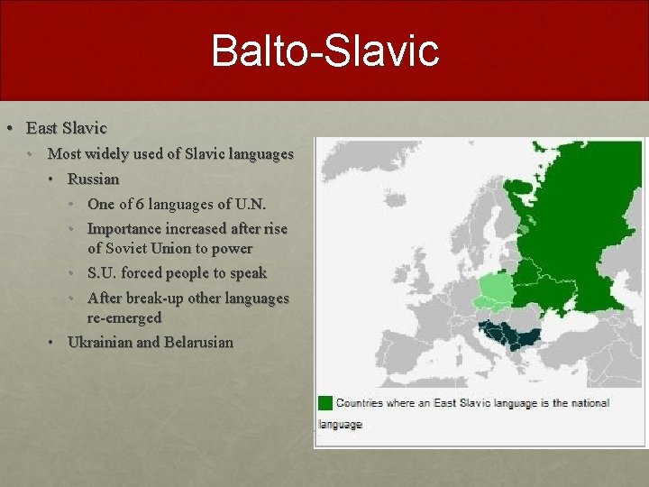 Balto-Slavic • East Slavic • Most widely used of Slavic languages • Russian •