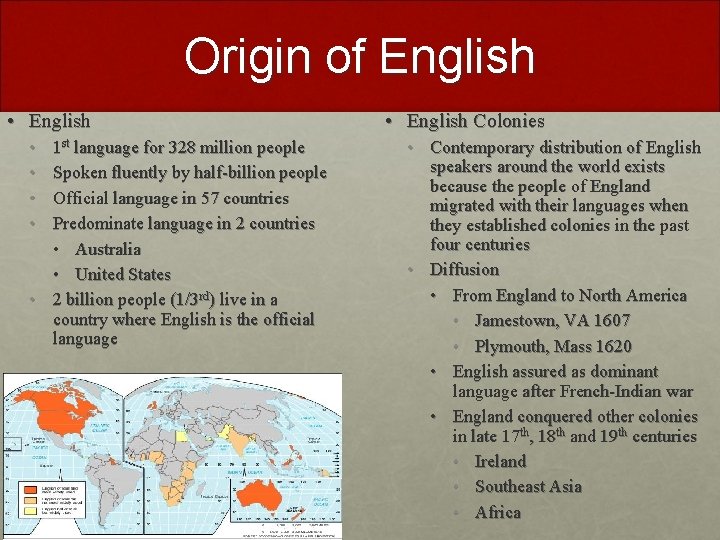 Origin of English • • 1 st language for 328 million people Spoken fluently