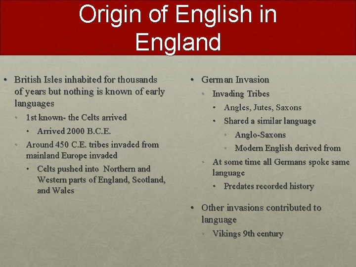 Origin of English in England • British Isles inhabited for thousands of years but Origin of English in England • British Isles inhabited for thousands of years but