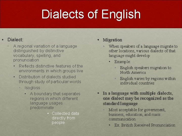 Dialects of English • Dialect: • A regional variation of a language distinguished by Dialects of English • Dialect: • A regional variation of a language distinguished by